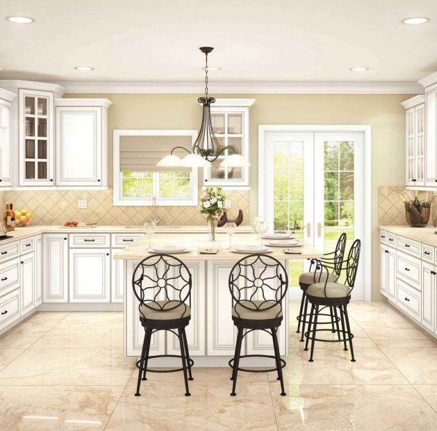 Sofia-Pewter-Glaze-Kitchen-1 Modern kitchen with sleek custom cabinets, quartz countertops, and stylish backsplash banner image.